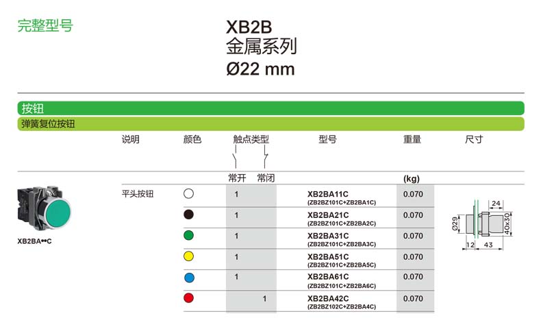 施耐德國產平頭按鈕指示燈XB2B系列完整型號